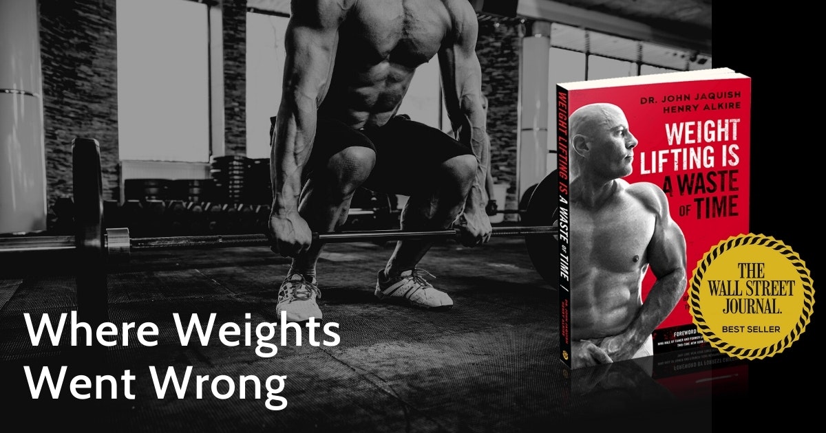 A man lifting weights with Dr. Jaquish&rsquo;s book in foreground