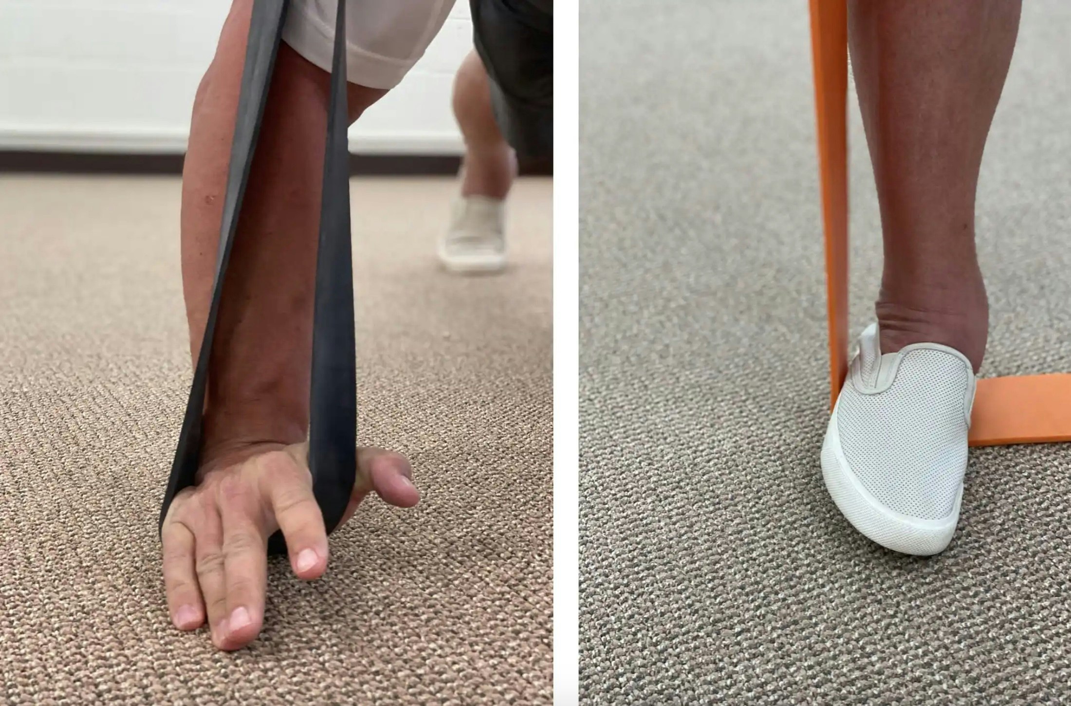 Hand with black band wrapped around it next to foot directly on orange band