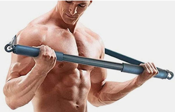 Man with bar and resistance band around him