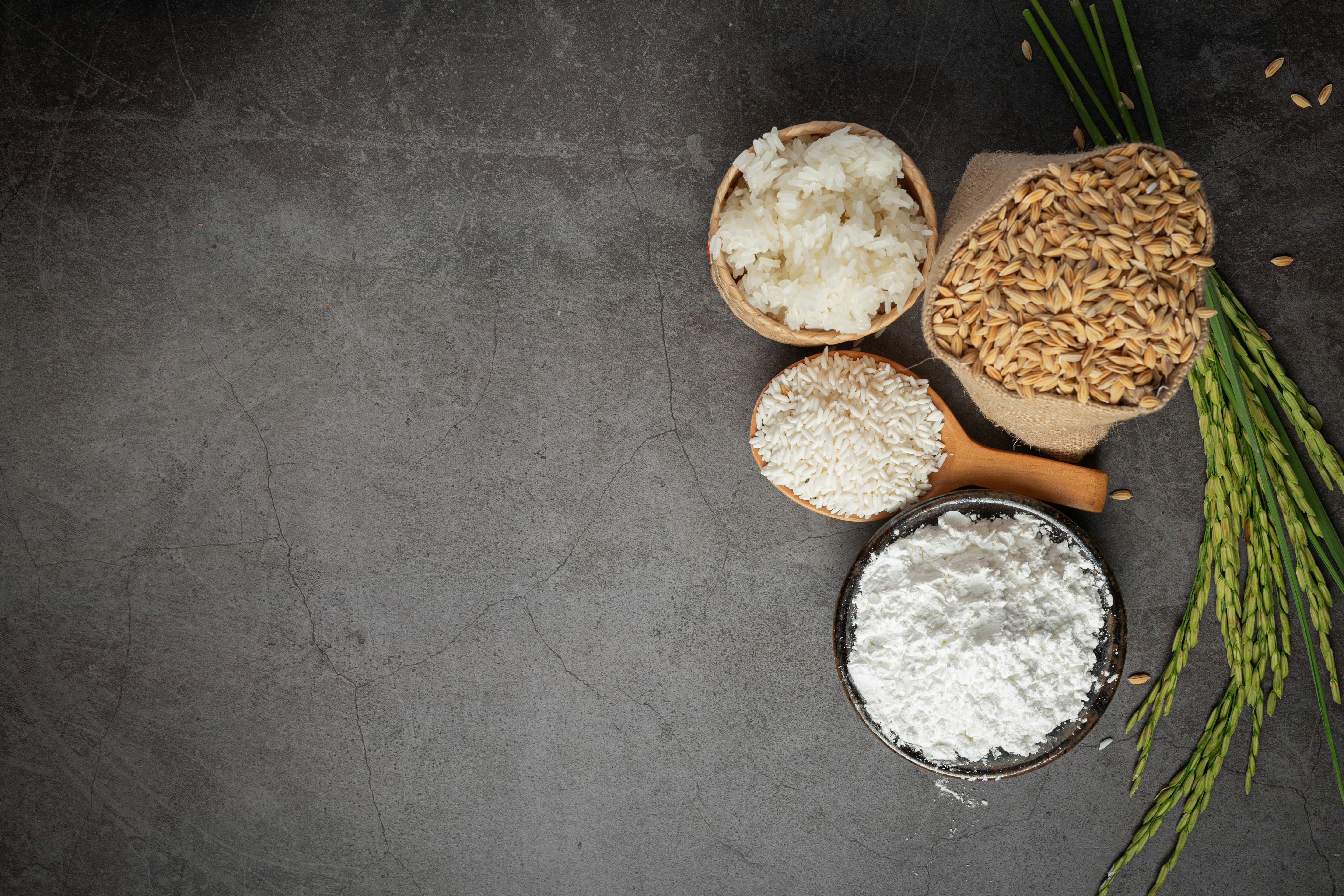 top view various kinds produce from rice dark floor