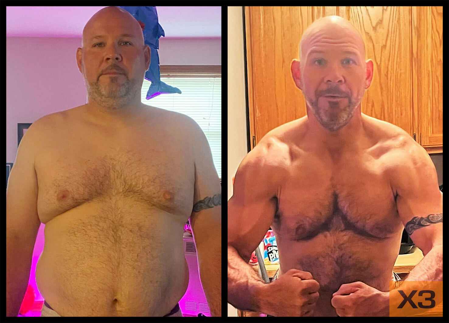 Aaron Legassie before and after using the X3 bar workout system