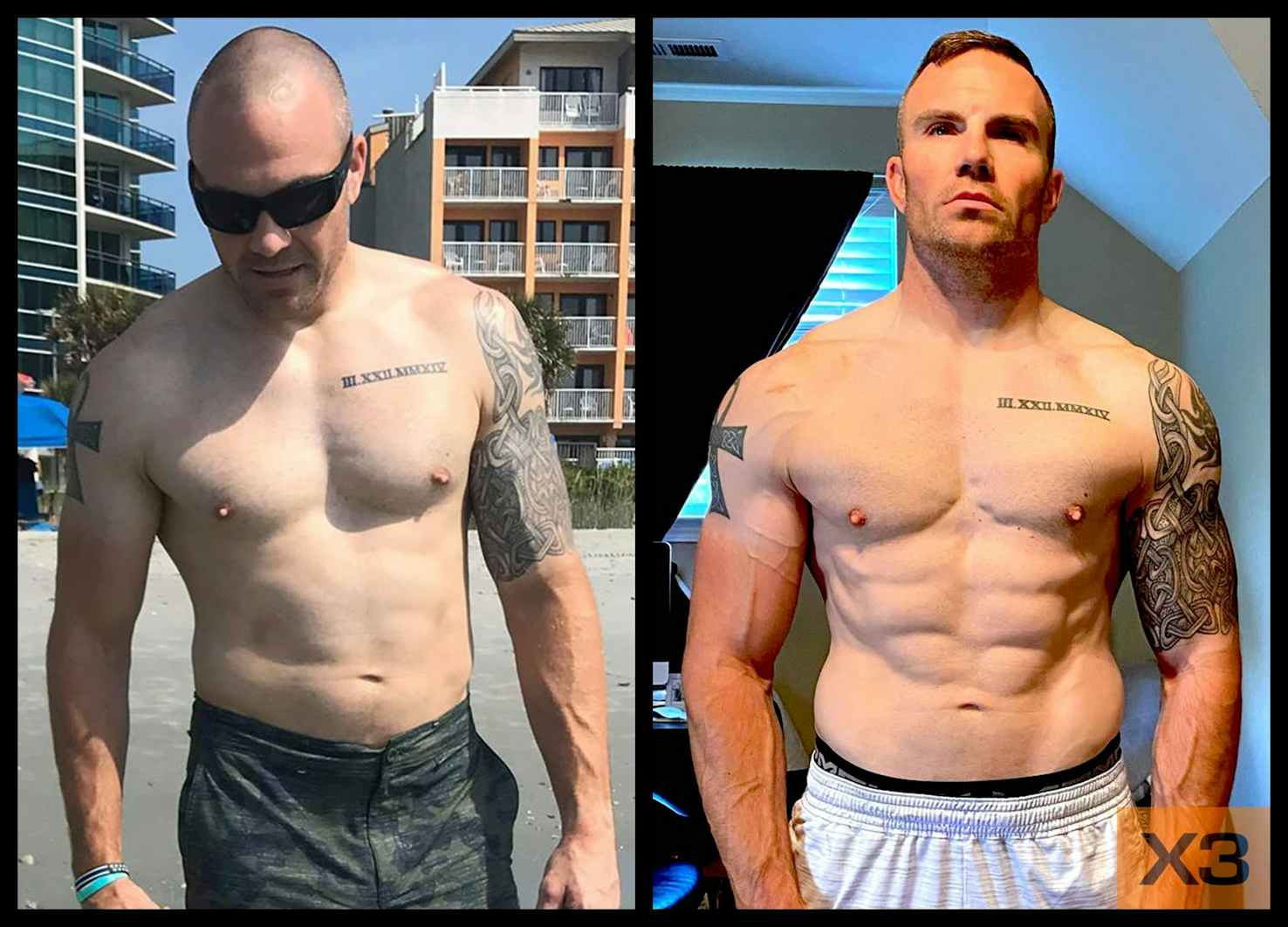 Bill Broadway before and after using the X3 bar workout system