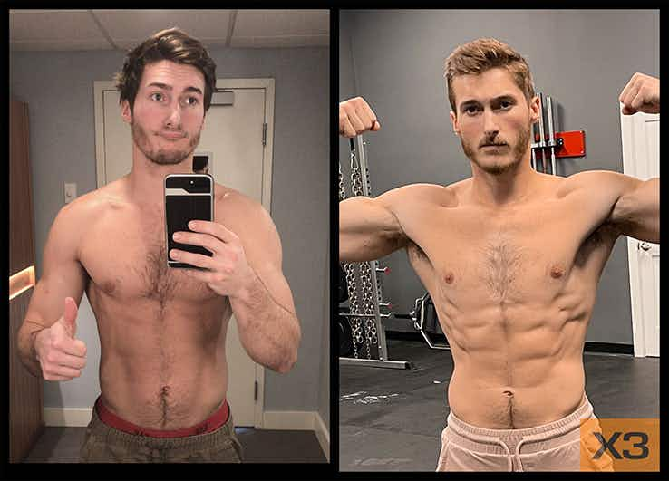 Caleb Demmons before and after using the X3 bar workout system