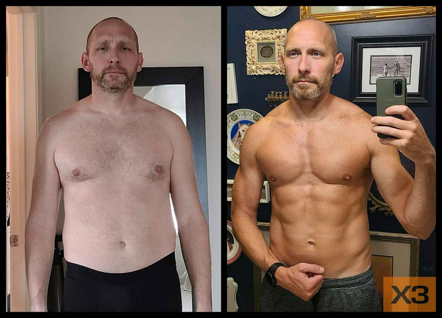 Dan Quigley before and after using the X3 bar workout system