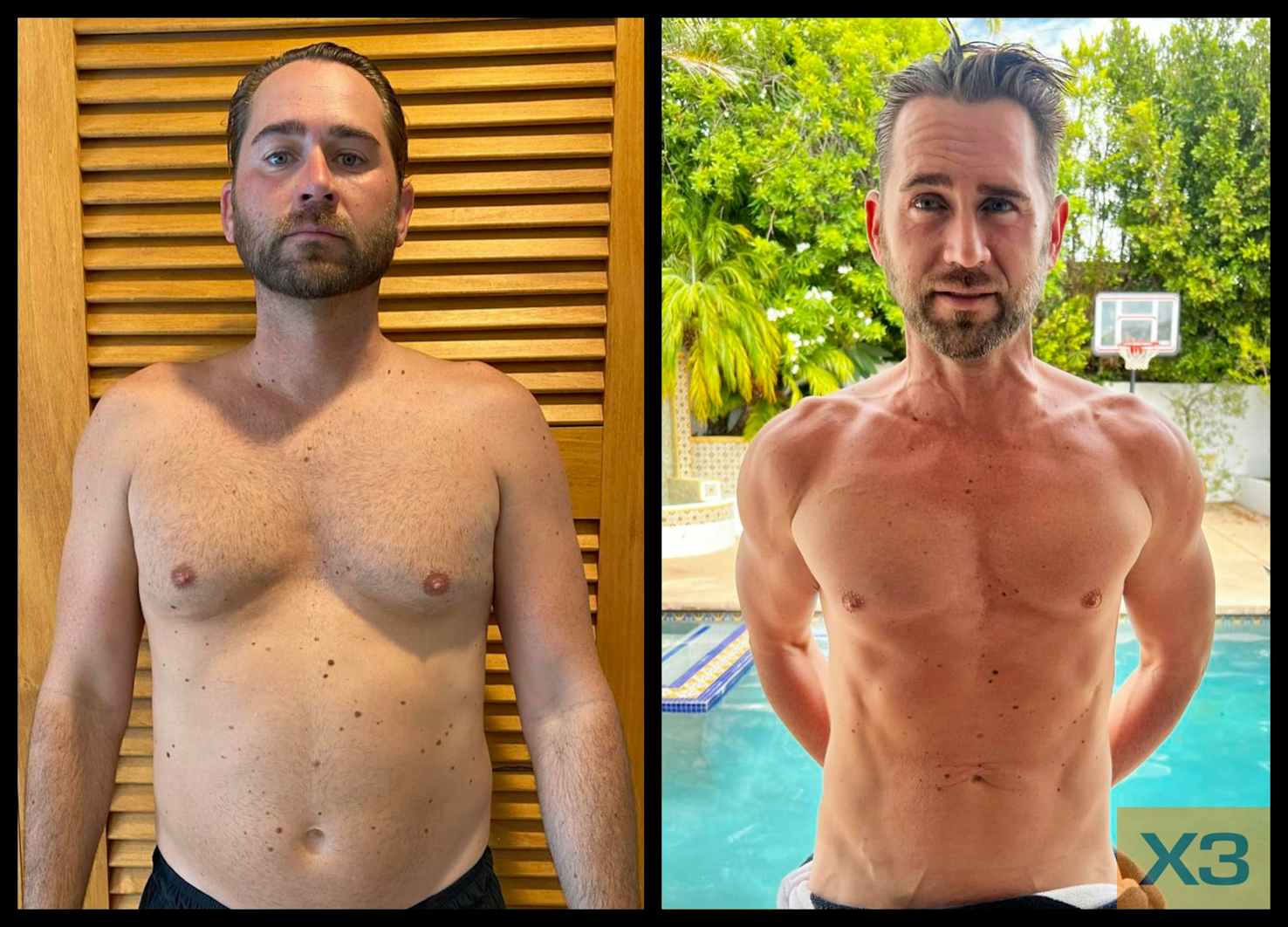 Grant Denham before and after using the X3 bar workout system