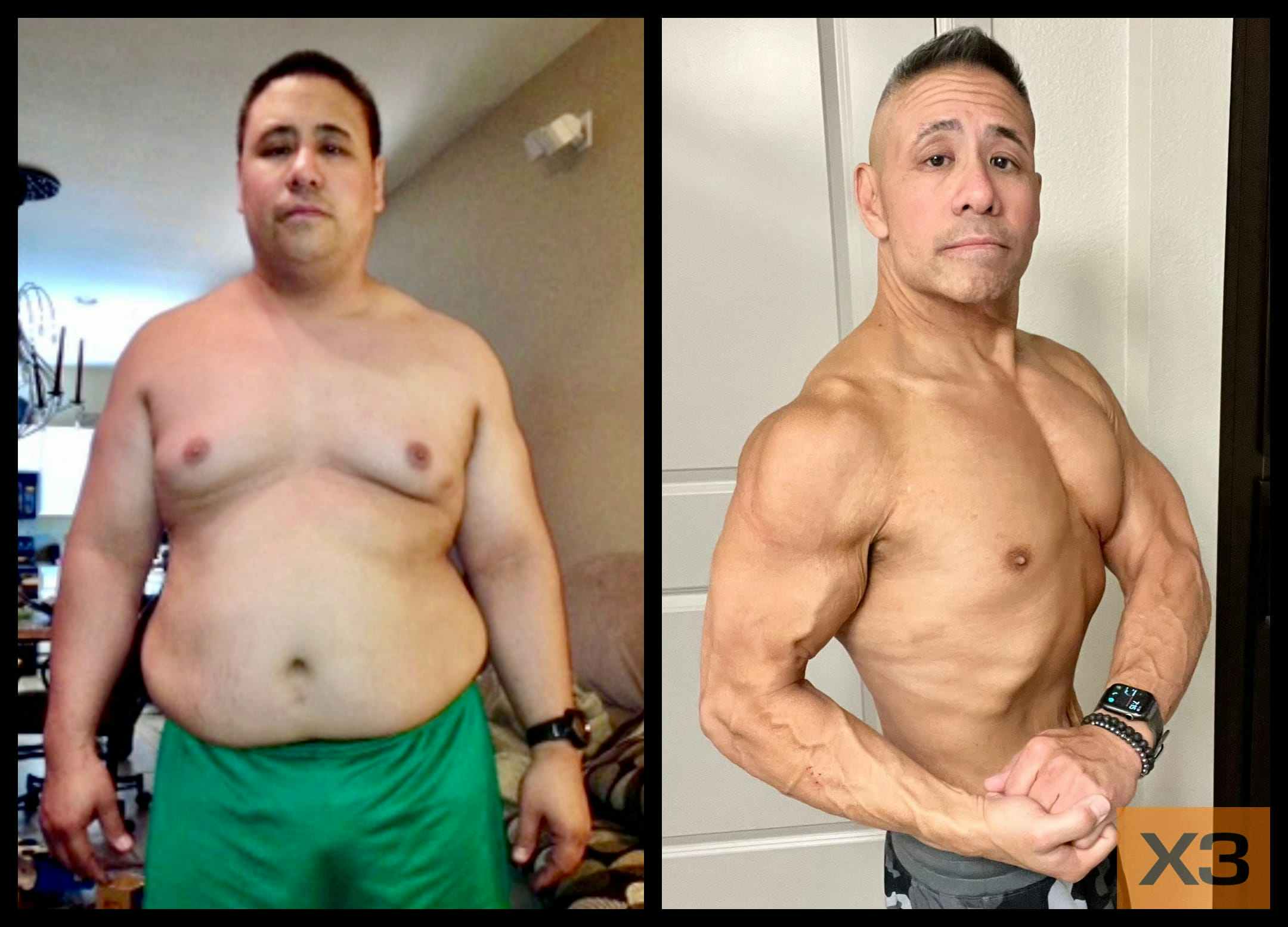 Rich Ouano before and after using the X3 bar workout system