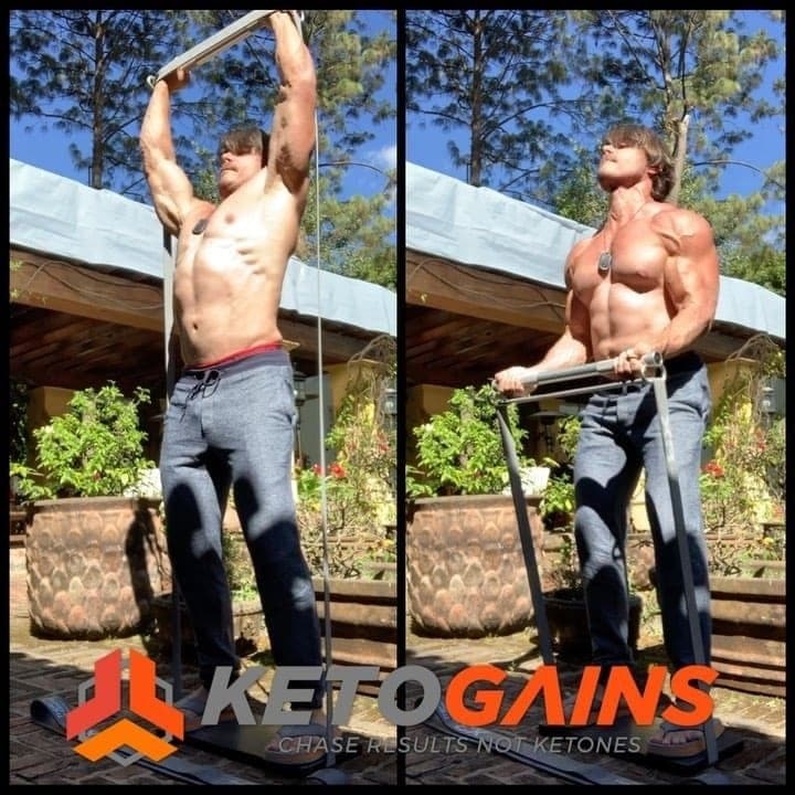 Man demonstrates overhead press with x3 under Keto Gains logo