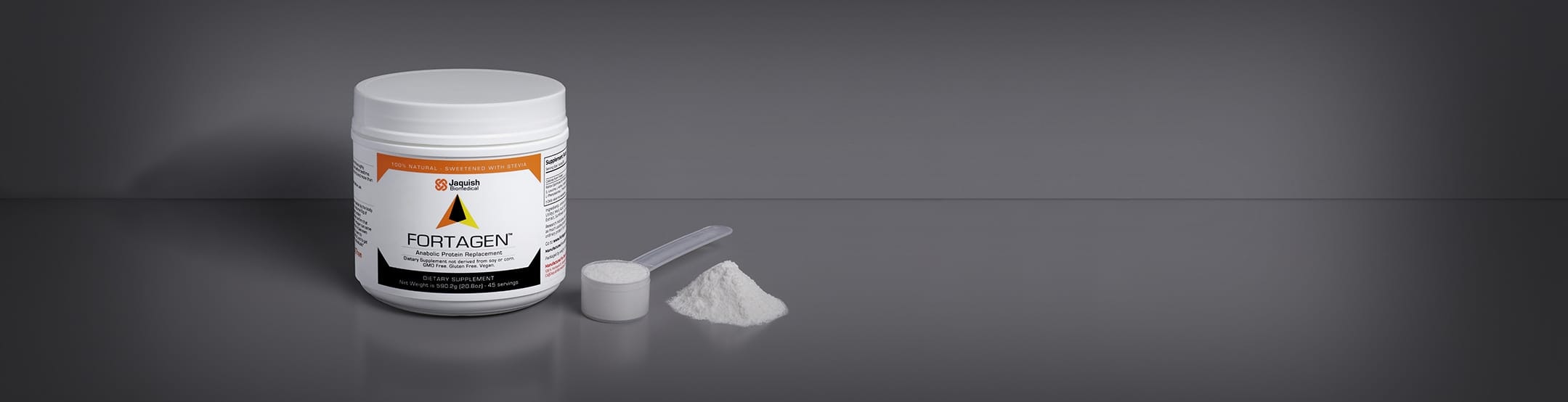 Fortagen container with scoop of powder