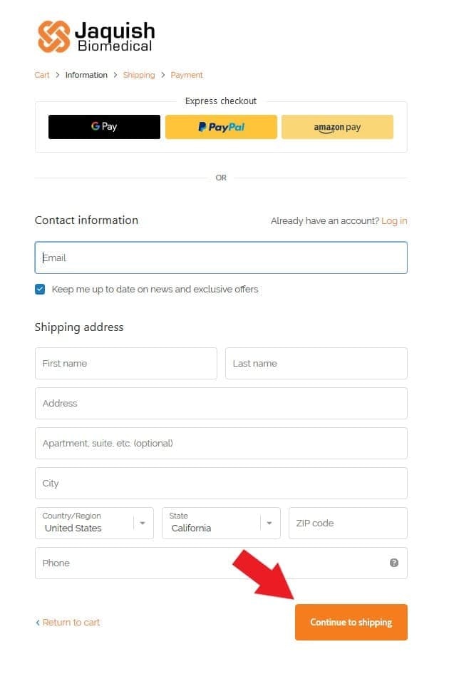 Enter shipping information, click &lsquo;Continue to shipping&rsquo; button.