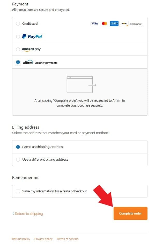 Click &lsquo;Complete order&rsquo; button.
